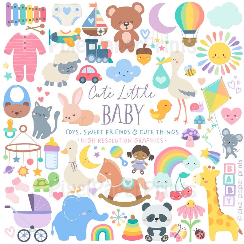 Baby Clipart Bundle | Baby PNG | Over 200 Cute PNG files | Animals, Toys, Baby Items | Graphics for Crafts, Design, Sublimation & more imagen 1