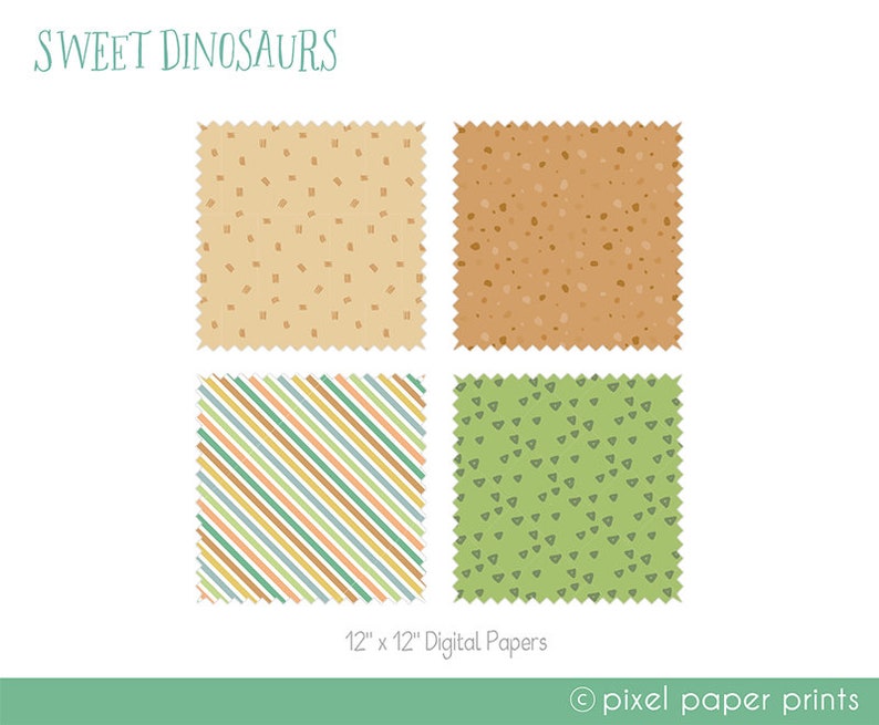 May include: Four digital paper designs for scrapbooking or other craft projects. The designs feature a beige background with brown squares, a brown background with tan dots, a green background with green triangles, and a white background with colorful stripes. The papers are 12 inches by 12 inches.