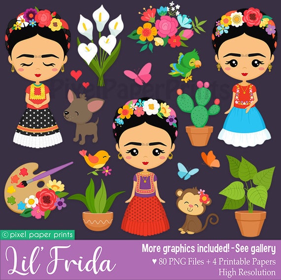Lil' Frida Clipart - Digital download - Cute Frida - Mexico clip art - Digital stickers Il_570xn