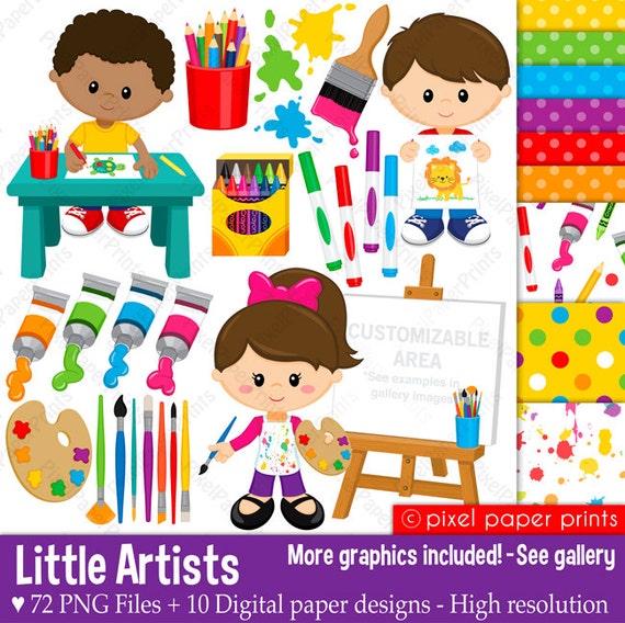Little Artists - Clip art and digital paper set - Art Party clipart - Art supplies clip art - Digital download Il_570xn