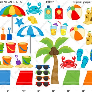May include: A set of 16 colorful beach-themed clipart images, including a beach umbrella, a crab, a seashell, a sandcastle, a beach ball, a palm tree, sunglasses, flip-flops, and beach towels. The images are perfect for creating invitations, cards, or other crafts.