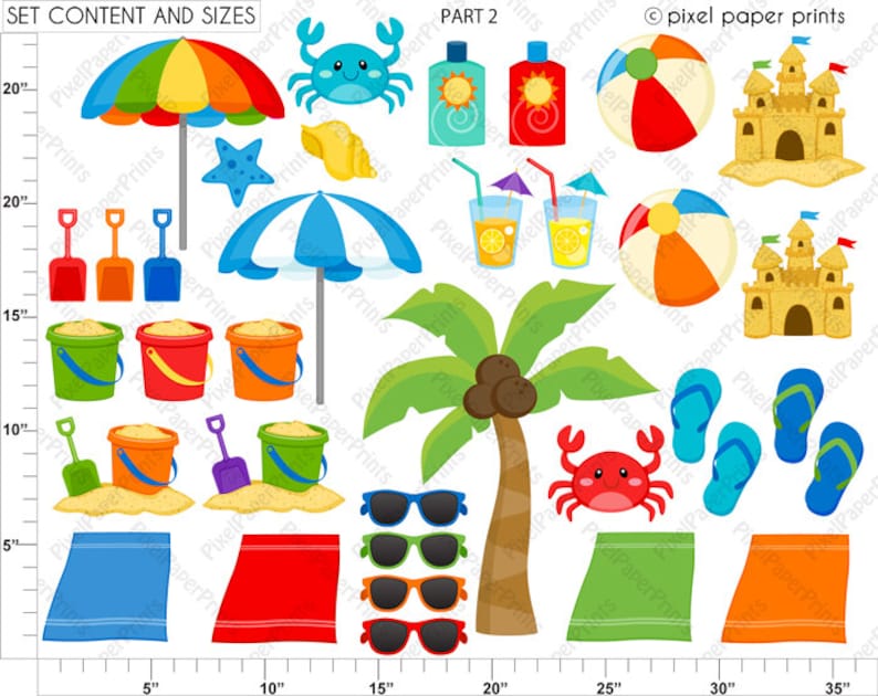May include: A set of 16 colorful beach-themed clipart images, including a beach umbrella, a crab, a seashell, a sandcastle, a beach ball, a palm tree, sunglasses, flip-flops, and beach towels. The images are perfect for creating invitations, cards, or other crafts.