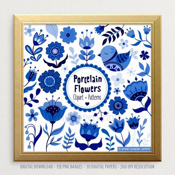 Porcelain Flowers - Digital Download - Flower Clipart - Scandinavian Folk - Folk Flowers - Floral clipart - Blue Porcelain Il_570xn