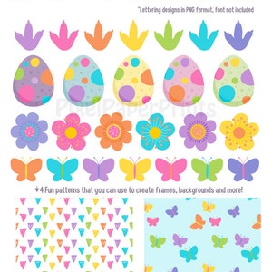 Op de afbeelding: Een set digitale printbare papieren met een dinosaurus thema. De set bevat kleurrijke dinosaurus letters, eieren, voetafdrukken, bloemen, vlinders en vier verschillende patronen. De patronen omvatten driehoeken, vlinders, stippen en regenbogen.