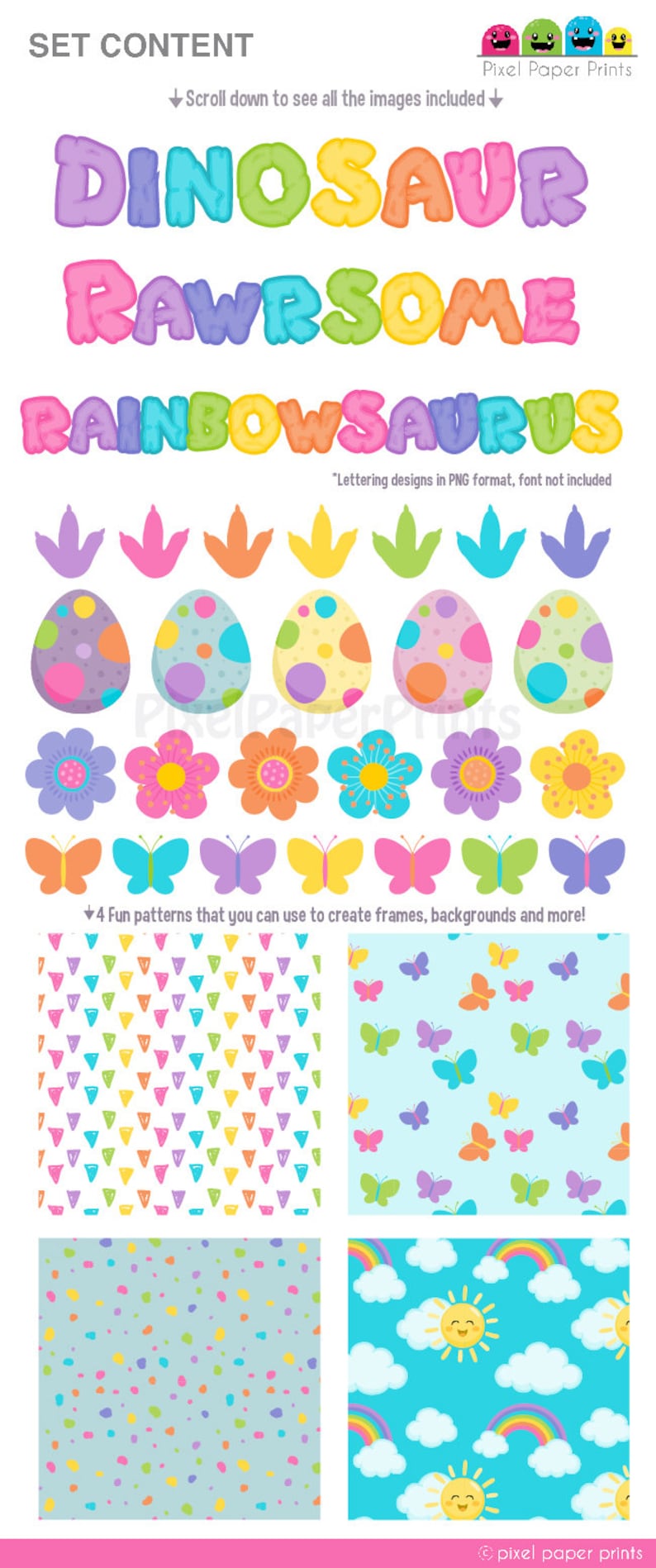 Op de afbeelding: Een set digitale printbare papieren met een dinosaurus thema. De set bevat kleurrijke dinosaurus letters, eieren, voetafdrukken, bloemen, vlinders en vier verschillende patronen. De patronen omvatten driehoeken, vlinders, stippen en regenbogen.