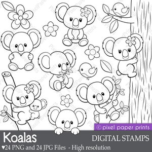 Koala Clipart - Digital Stamps  - Line art graphics to create coloring pages, worksheets, crafts & more - PNG and JPG formats - Printable