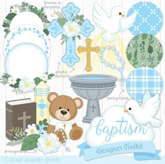 Baptism clip art BLUE - Toolkit for designers - Christening clipart - Baby boy - Over 80 elements included - Digital Download Il_570xn