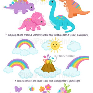 Op de afbeelding: Een set digitale afbeeldingen met kleurrijke dinosaurussen, regenbogen, wolken, bloemen, insecten en patronen. De dinosaurussen staan in verschillende poses en kleuren, waaronder paars, groen, blauw en oranje. De tekst "They call me Rainbowsaurus Rex and I'm rawrsome!" is in de afbeelding opgenomen.