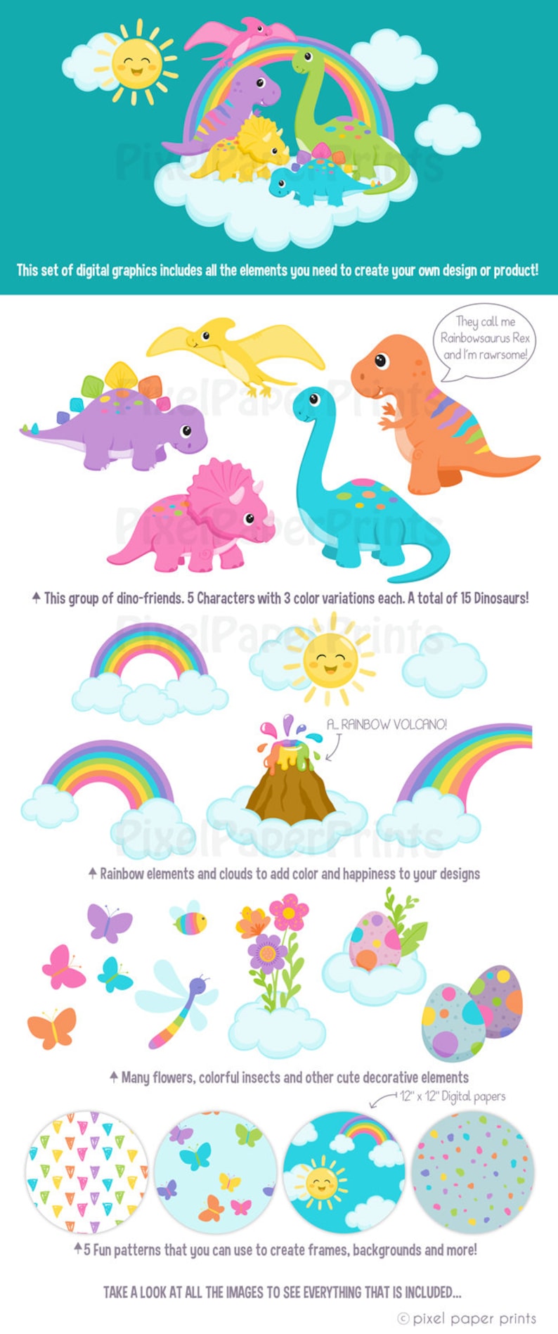 Op de afbeelding: Een set digitale afbeeldingen met kleurrijke dinosaurussen, regenbogen, wolken, bloemen, insecten en patronen. De dinosaurussen staan in verschillende poses en kleuren, waaronder paars, groen, blauw en oranje. De tekst "They call me Rainbowsaurus Rex and I'm rawrsome!" is in de afbeelding opgenomen.
