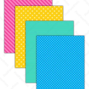 May include: Four digital paper sheets with different patterns. The top sheet is pink with white diagonal stripes. The second sheet is yellow with white polka dots. The third sheet is turquoise with white horizontal stripes. The bottom sheet is light blue with white polka dots. The text "pixel paper prints" is in the upper right corner of the image.