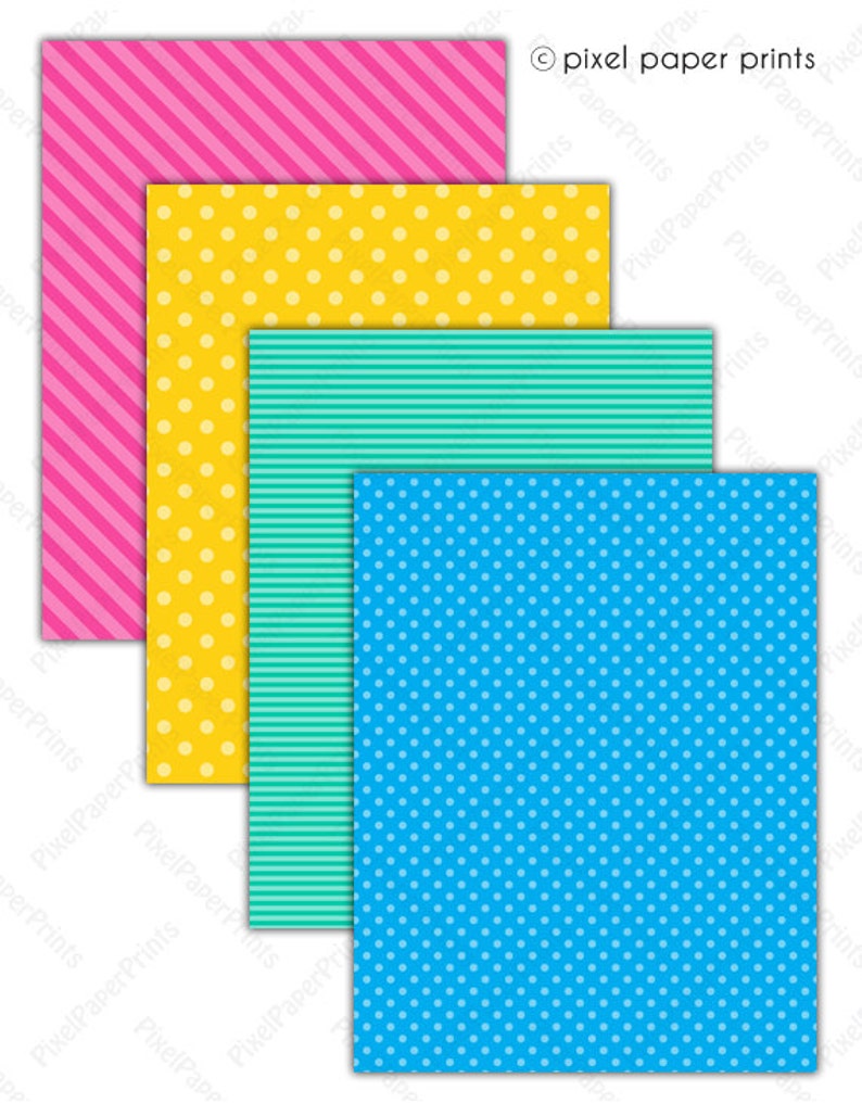 May include: Four digital paper sheets with different patterns. The top sheet is pink with white diagonal stripes. The second sheet is yellow with white polka dots. The third sheet is turquoise with white horizontal stripes. The bottom sheet is light blue with white polka dots. The text "pixel paper prints" is in the upper right corner of the image.