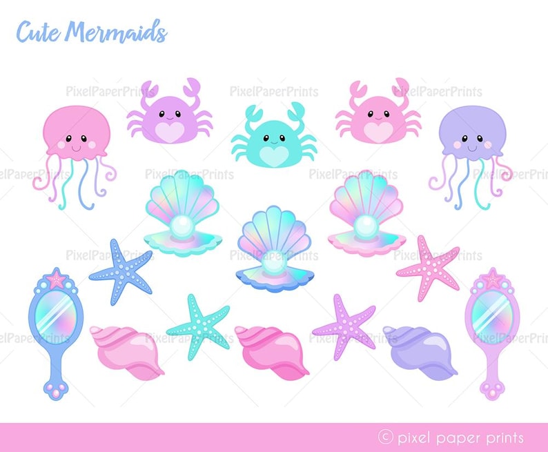 Cute Mermaid Clipart PNG Bundle – 96 Sea Life Illustrations + 7 Digital Papers – Ocean Theme Graphics for Kids Crafts and Commercial Use image 4