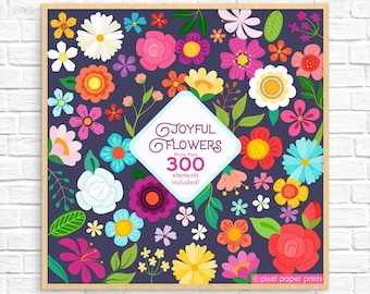 Colorful Flower Clipart & Printable Pattern Sheets | Instant Download of Floral PNGs for Digital Stickers and Crafts