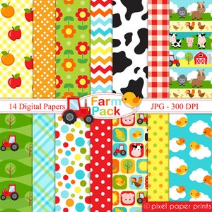 May include: A set of 14 digital farm-themed papers in JPG format at 300 DPI. The papers feature various patterns including polka dots, gingham, chevron, and cow print. The papers also include farm animals, tractors, and other farm-related imagery.