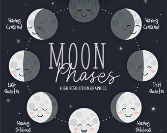 Moon Phases Clipart - Digital Download - Cute Moon Clipart - Moon cycle - Digital stickers - Instant download - Printable
