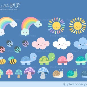 Puede incluir: Un conjunto de ilustraciones digitales coloridas con im&aacute;genes de lindos animales beb&eacute;s, incluyendo arco&iacute;ris, nubes, soles, mariquitas, abejas, tortugas, setas y caracoles. Las ilustraciones son perfectas para crear manualidades, tarjetas e invitaciones con tem&aacute;tica de beb&eacute;s.