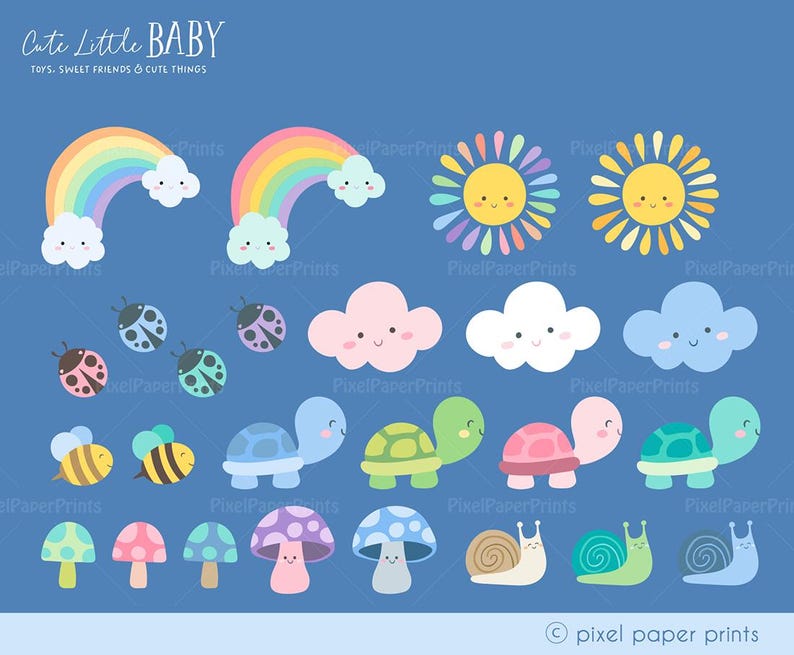 Puede incluir: Un conjunto de ilustraciones digitales coloridas con im&aacute;genes de lindos animales beb&eacute;s, incluyendo arco&iacute;ris, nubes, soles, mariquitas, abejas, tortugas, setas y caracoles. Las ilustraciones son perfectas para crear manualidades, tarjetas e invitaciones con tem&aacute;tica de beb&eacute;s.