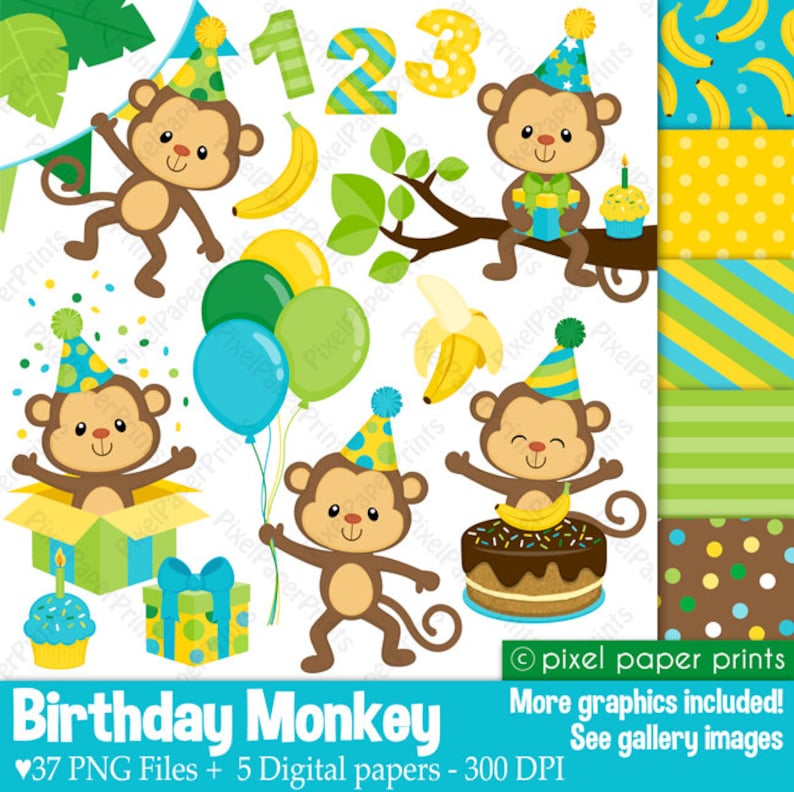 Pu&ograve; includere: Un set di 37 immagini clipart digitali con tema scimmia di compleanno. Il set include scimmie con cappelli da festa, che tengono palloncini, regali e torta. Ci sono anche i numeri 1, 2 e 3, banane e cinque carte digitali con diversi motivi.