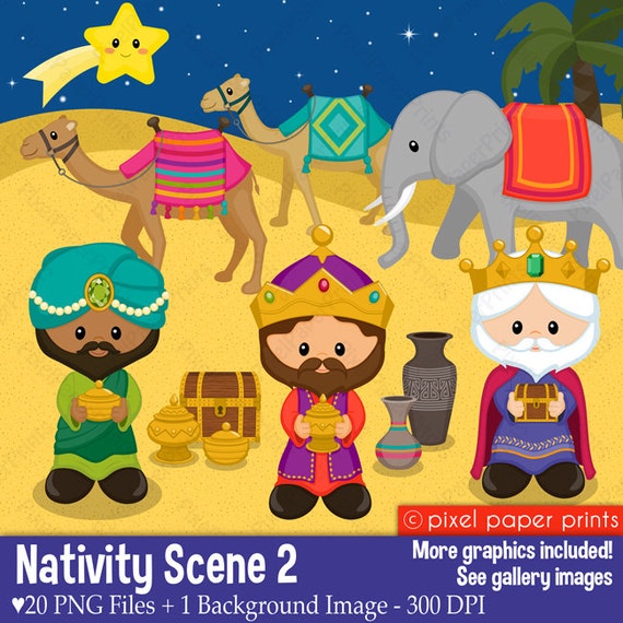 Nativity Scene 2- Clip art and digital paper set - Three Wise kings clipart Il_570xn