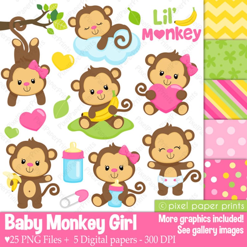 Puede incluir: Un conjunto de 25 im&aacute;genes de clip art digitales que presentan monos beb&eacute;s de dibujos animados lindos en varias poses. Los monos son marrones con acentos rosados y sostienen art&iacute;culos como pl&aacute;tanos, corazones y biberones. El conjunto tambi&eacute;n incluye 5 papeles digitales con patrones rosas, amarillos y verdes.