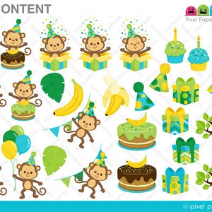 Pu&ograve; includere: Un set di immagini clipart digitali con scimmie che indossano cappelli da festa, torte, regali, palloncini, banane e altre decorazioni per feste nei colori verde, giallo e blu. Il testo "SET CONTENT" e "PART 1" &egrave; incluso anche nell'immagine.