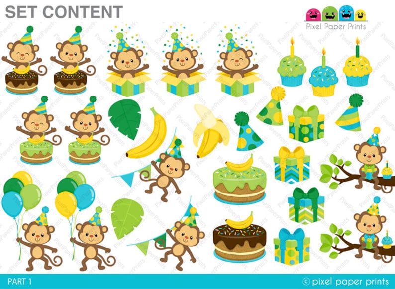 Pu&ograve; includere: Un set di immagini clipart digitali con scimmie che indossano cappelli da festa, torte, regali, palloncini, banane e altre decorazioni per feste nei colori verde, giallo e blu. Il testo "SET CONTENT" e "PART 1" &egrave; incluso anche nell'immagine.