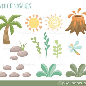 May include: A set of colorful cartoon illustrations featuring a palm tree, two suns, a volcano, a dragonfly, rocks, and various green plants. The text "SWEET DINOSAURS" is at the top of the image.