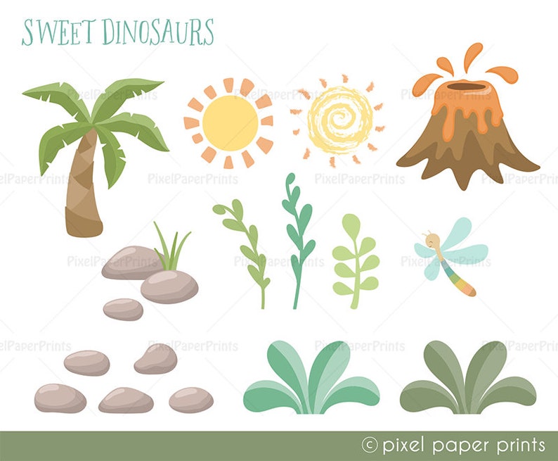 May include: A set of colorful cartoon illustrations featuring a palm tree, two suns, a volcano, a dragonfly, rocks, and various green plants. The text "SWEET DINOSAURS" is at the top of the image.