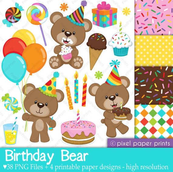 Birthday Bear - Clipart and Digital paper set - Digital Download - First Birthday - Party Clipart - Printables - Bear clipart Il_570xn