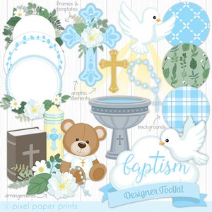 Baptism Clip Art BLUE - Toolkit for designers - Christening clipart - Baby boy - Over 80 elements included - Digital Download - Printable