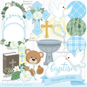 Baptism Clip Art BLUE Toolkit for designers Christening clipart Baby boy Over 80 elements included Digital Download Printable image 1