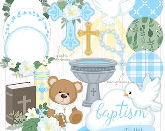 Baptism Clip Art BLUE - Toolkit for designers - Christening clipart - Baby boy - Over 80 elements included - Digital Download - Printable