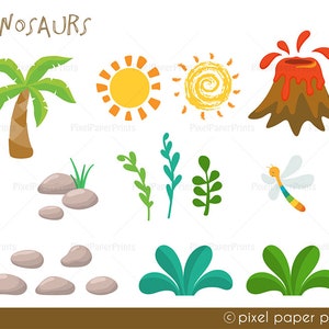 May include: A set of vibrant, cartoon illustrations depicting dinosaur-related elements. Includes a palm tree, sun, volcano, rocks, plants, and a dragonfly. The word "DINOSAURS" is written at the top.