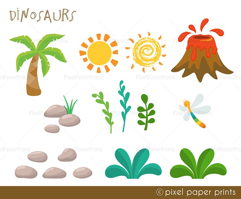 May include: A set of vibrant, cartoon illustrations depicting dinosaur-related elements. Includes a palm tree, sun, volcano, rocks, plants, and a dragonfly. The word "DINOSAURS" is written at the top.
