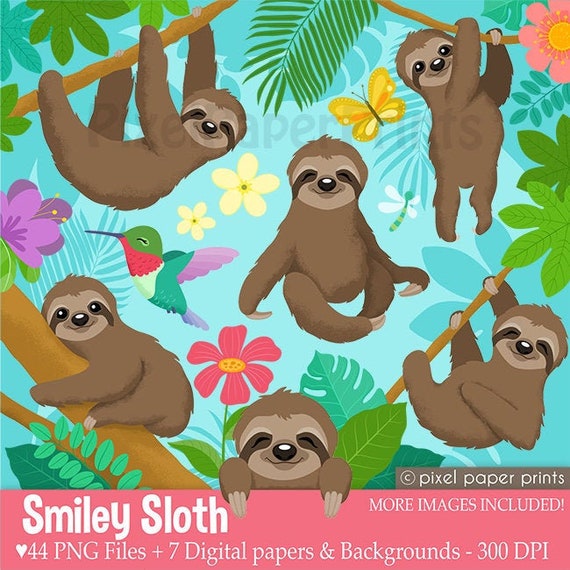 Smiley Sloth Clipart - Cute Sloth Graphics, digital download Il_570xn