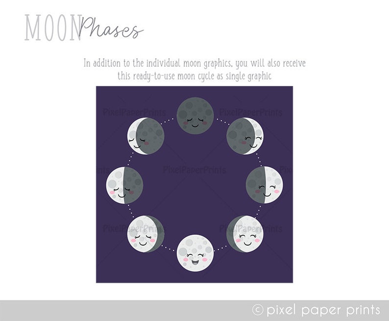 Cute Moon Phases Digital Download Moon Clip Art Moon cycle clipart Digital stickers Instant download image 6