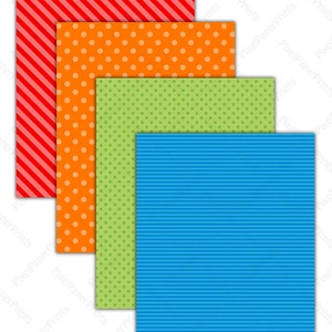 May include: Four different patterned paper sheets stacked on top of each other. The top sheet is red with diagonal white stripes. The second sheet is orange with white polka dots. The third sheet is green with white polka dots. The bottom sheet is blue with white horizontal stripes.