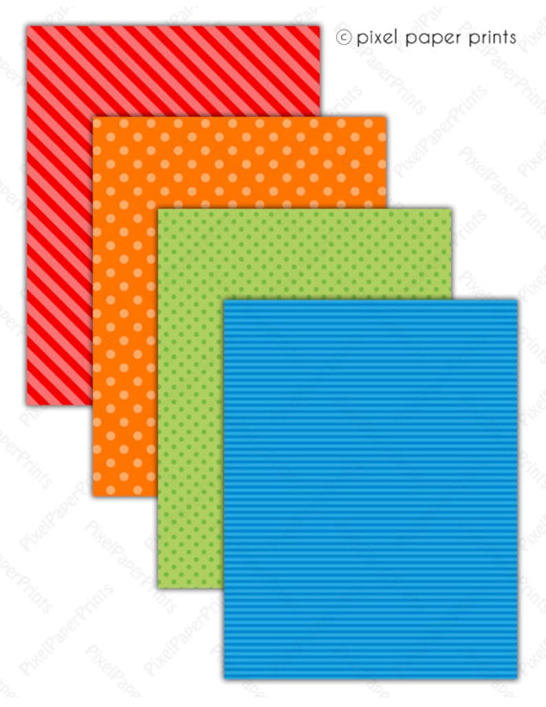 May include: Four different patterned paper sheets stacked on top of each other. The top sheet is red with diagonal white stripes. The second sheet is orange with white polka dots. The third sheet is green with white polka dots. The bottom sheet is blue with white horizontal stripes.