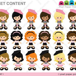 May include: Set of 30 digital illustrations of girls wearing a beret and a striped shirt. The girls have different hair colors and styles. The illustrations are in a cartoon style.