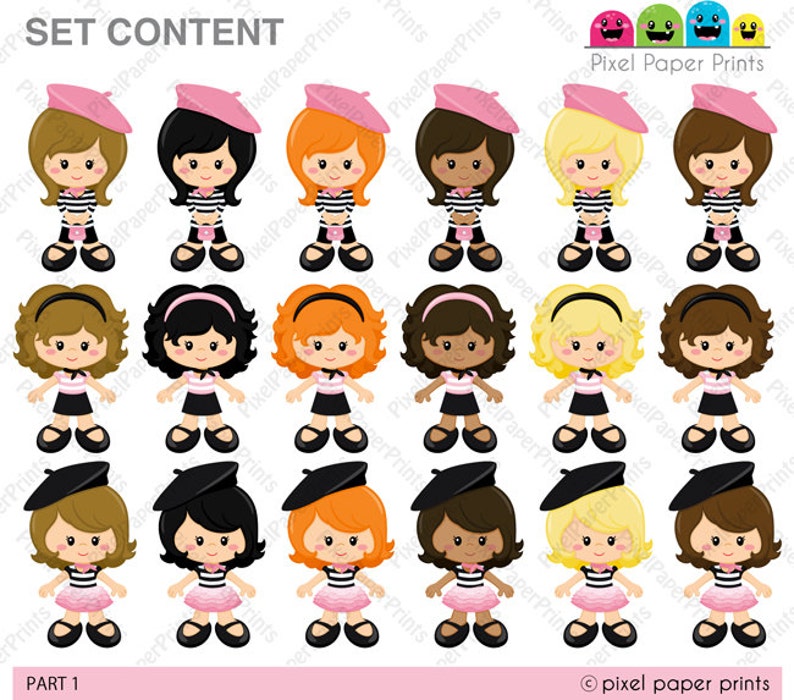 May include: Set of 30 digital illustrations of girls wearing a beret and a striped shirt. The girls have different hair colors and styles. The illustrations are in a cartoon style.