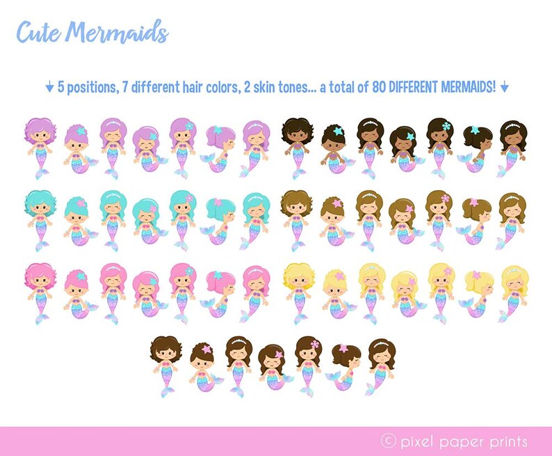 Cute Mermaid Clipart PNG Bundle – 96 Sea Life Illustrations + 7 Digital Papers – Ocean Theme Graphics for Kids Crafts and Commercial Use image 3
