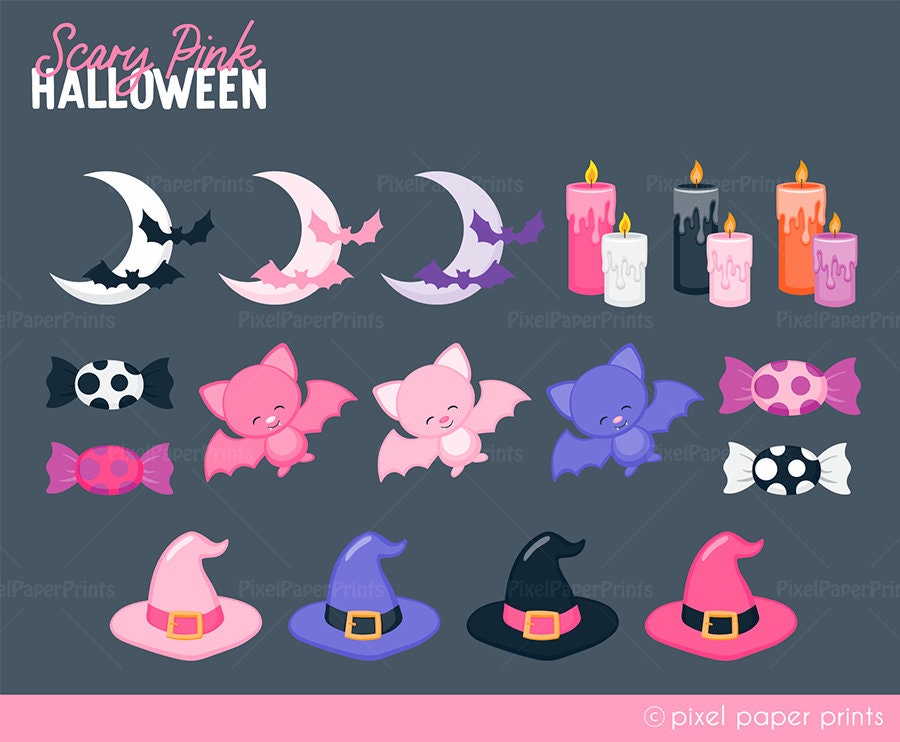 Scary Pink Halloween - Clip Art and Digital Paper Set - Cute Witch