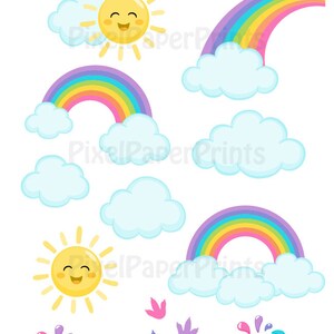 Op de afbeelding: Een set met kleurrijke digitale clipart met dinosaurussen, regenbogen, wolken, een zon, een vulkaan en dinosaurus eieren. De clipart is perfect voor het maken van uitnodigingen, feestdecoraties of andere knutselprojecten.