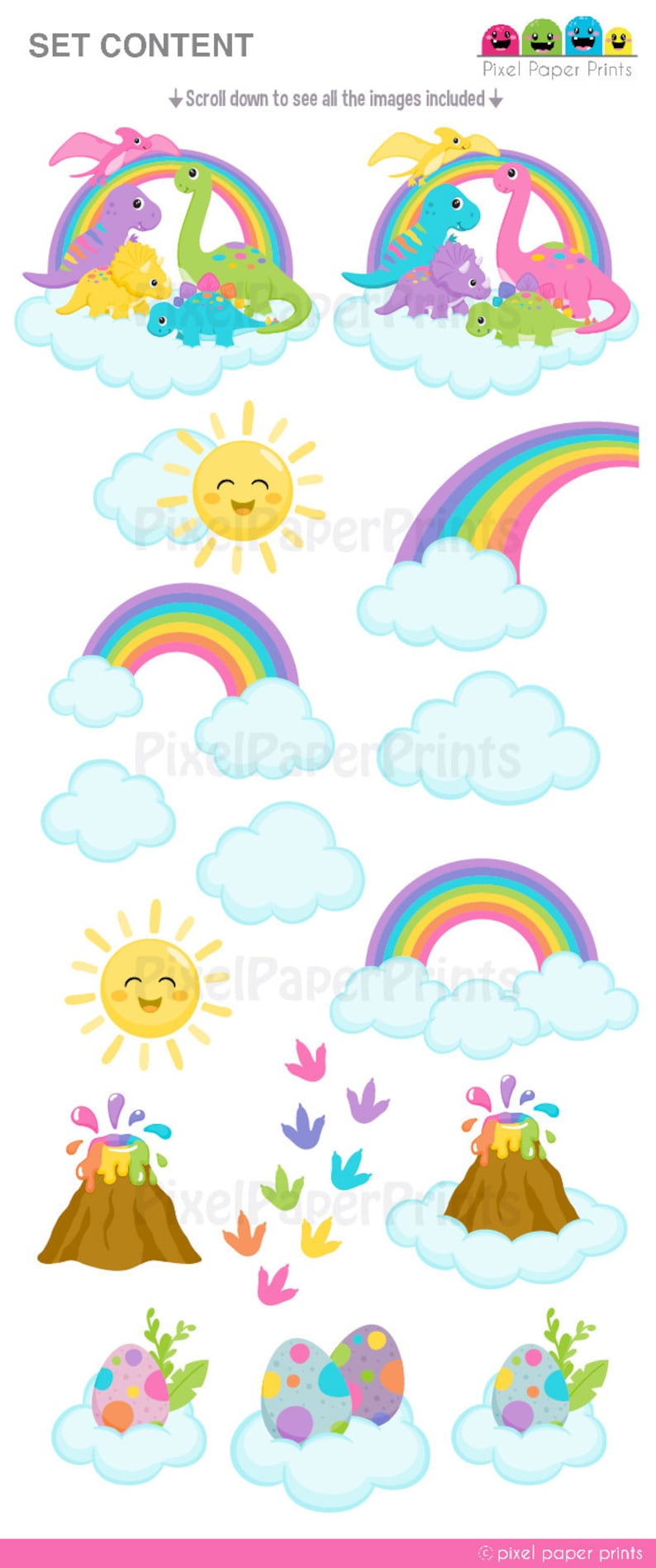 Op de afbeelding: Een set met kleurrijke digitale clipart met dinosaurussen, regenbogen, wolken, een zon, een vulkaan en dinosaurus eieren. De clipart is perfect voor het maken van uitnodigingen, feestdecoraties of andere knutselprojecten.