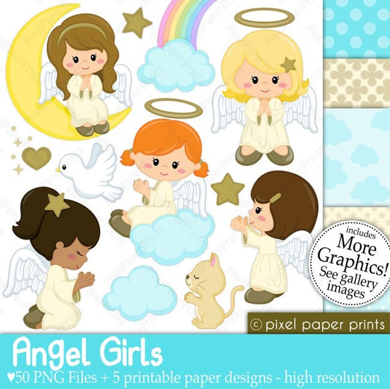 Angel Girls Digital paper and clip art set Digital Download image 1