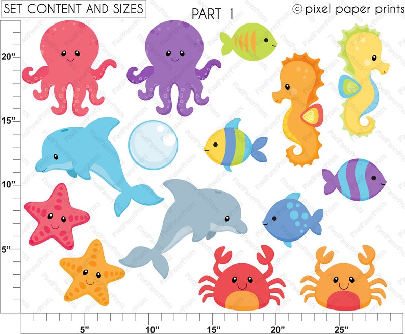 Sea animals clipart Sea animals NEUTRALS Clip art and digital paper set Digital download image 3