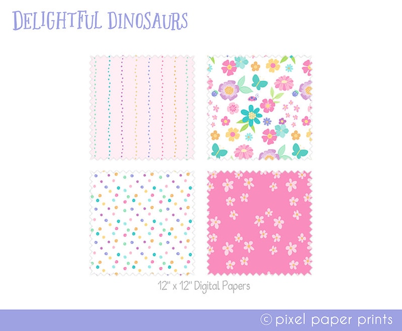 Delightful Dinosaurs Dinosaurs for Girls Clip Art and Digital Paper Set Dino Girls Digital Download Cute dinosaur graphics image 6