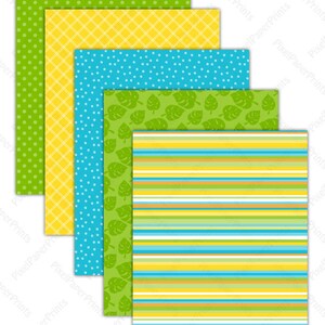 May include: Set of six digital paper prints featuring different patterns. The patterns include green polka dots, yellow diamond pattern, blue polka dots, green leaves, and yellow and blue stripes.