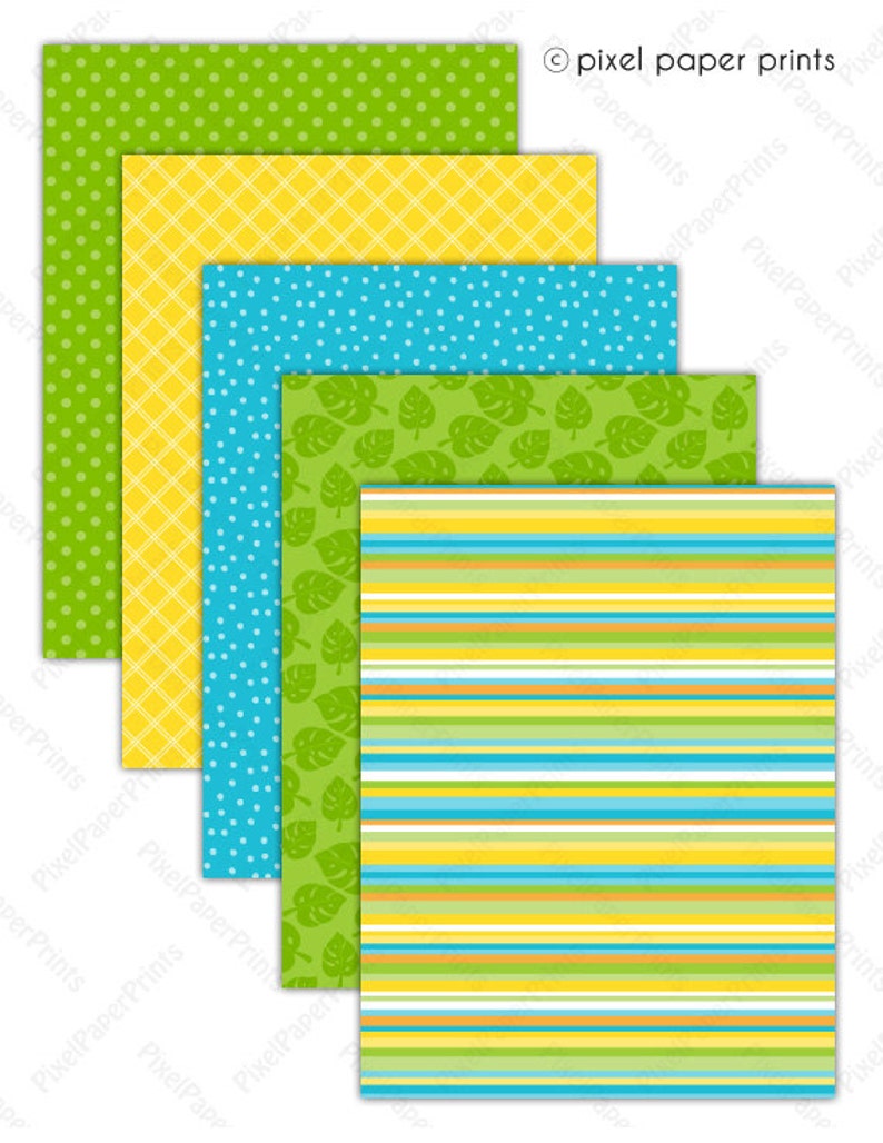 May include: Set of six digital paper prints featuring different patterns. The patterns include green polka dots, yellow diamond pattern, blue polka dots, green leaves, and yellow and blue stripes.