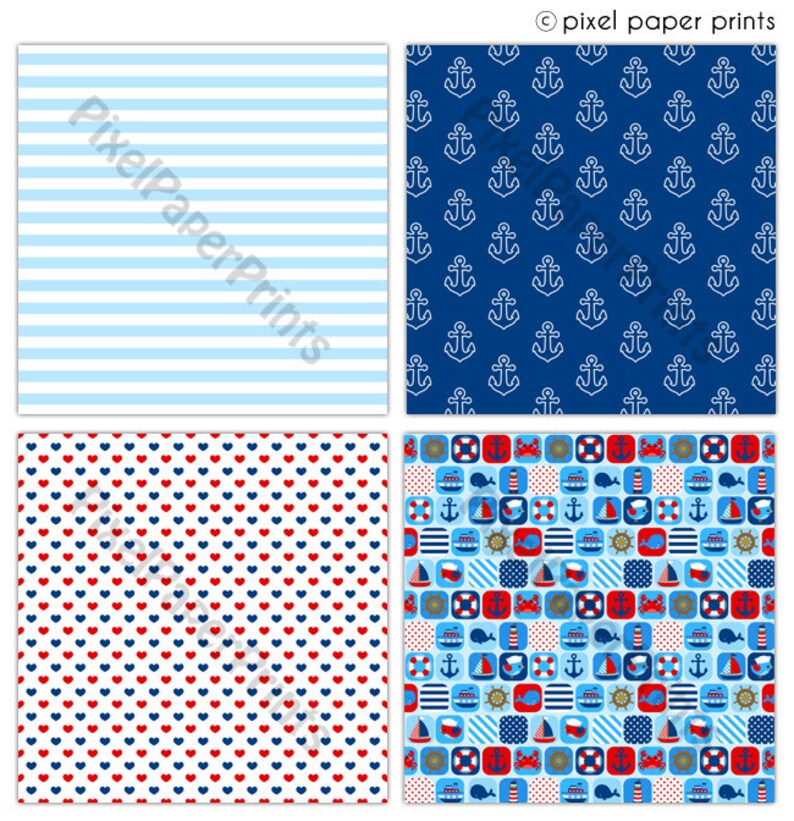 May include: Four digital paper designs in a nautical theme. The designs include blue and white stripes, red and blue hearts, anchors on a blue background, and a patchwork of nautical icons on a blue background.